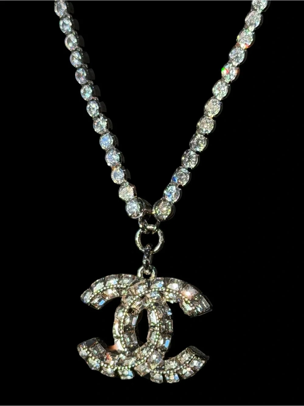 CHANEL Silver Crystal CC Pendant Tennis Chain Necklace
